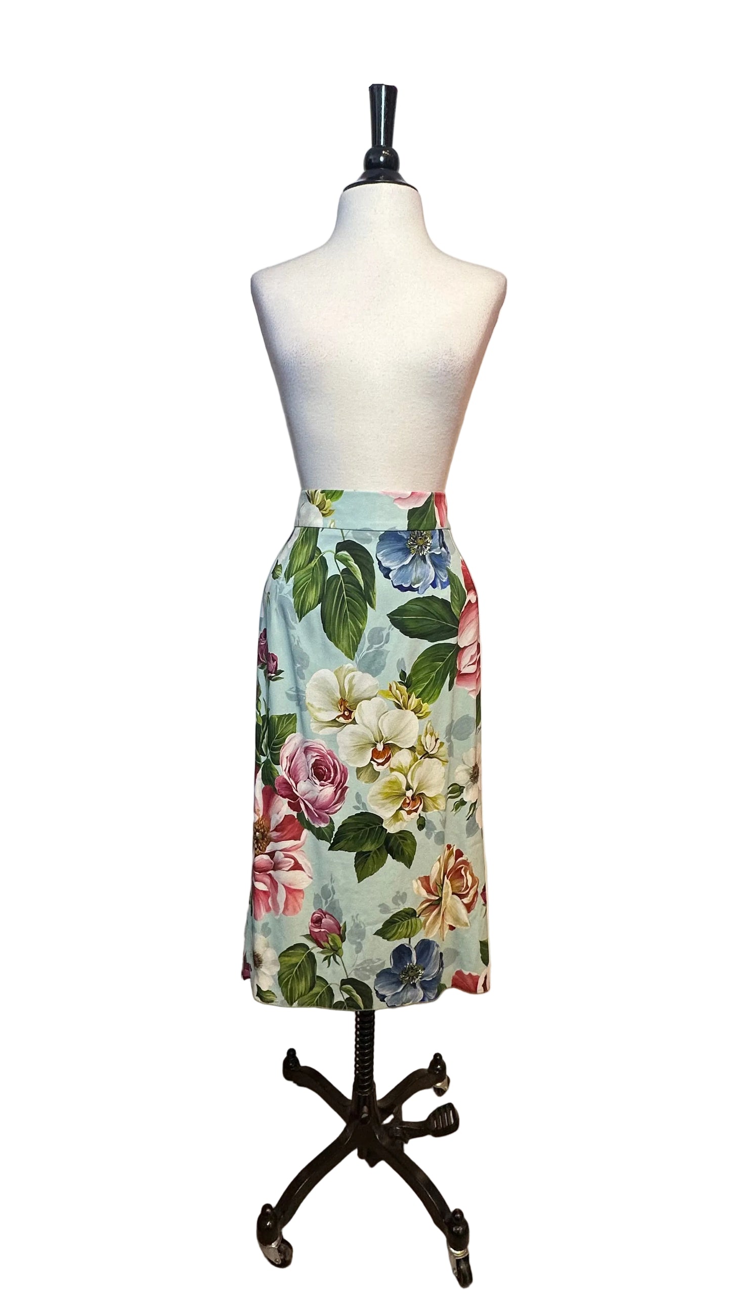DOLCE & GABBANA - Light Blue Floral High-Waisted Pencil Skirt