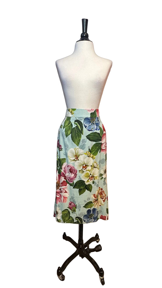 DOLCE & GABBANA - Light Blue Floral High-Waisted Pencil Skirt
