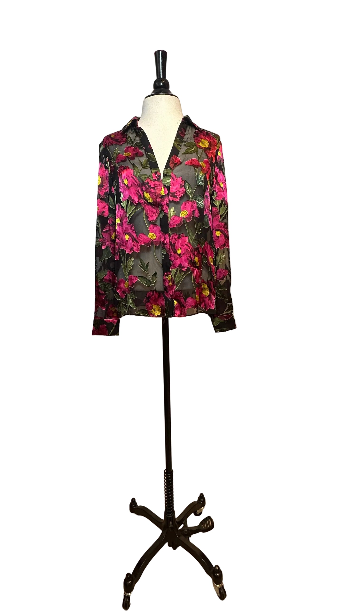 Alice + Olivia - Eloise Black Pink Floral Burnout Button Up Top - S