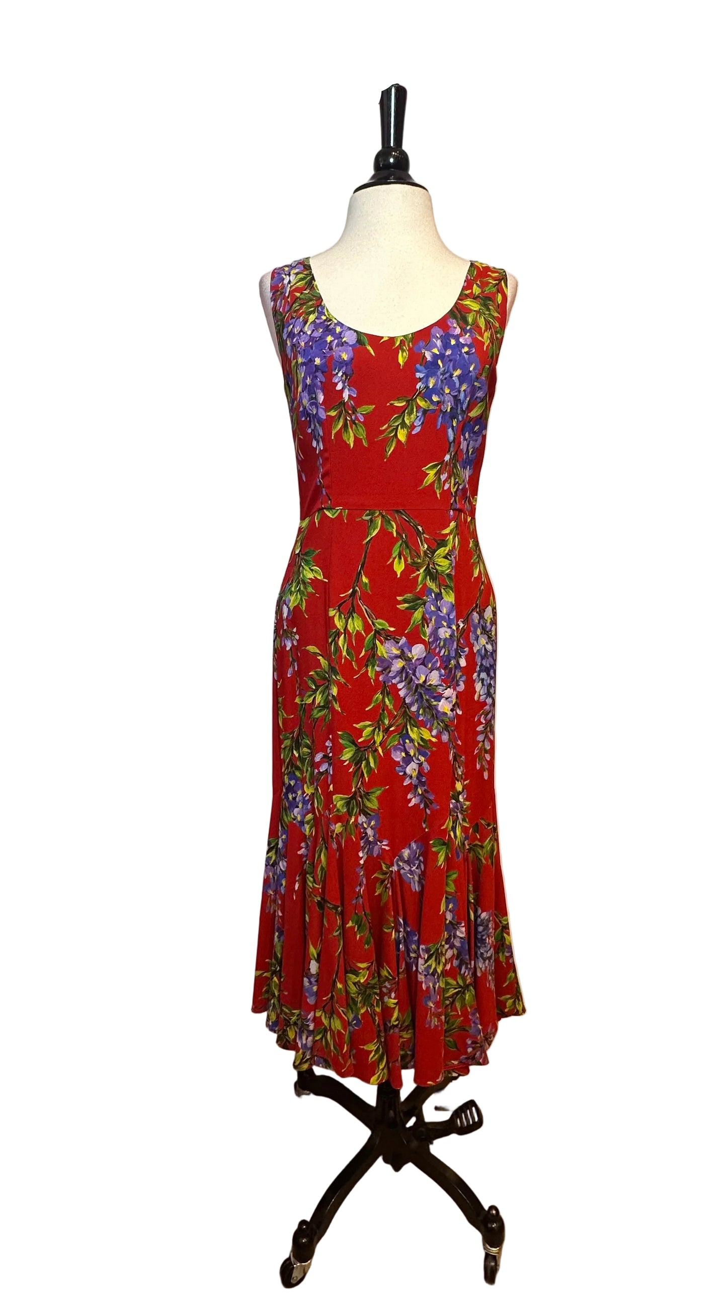 DOLCE & GABBANA - Red Purple Wisteria Print Flounce Midi Dress - 40