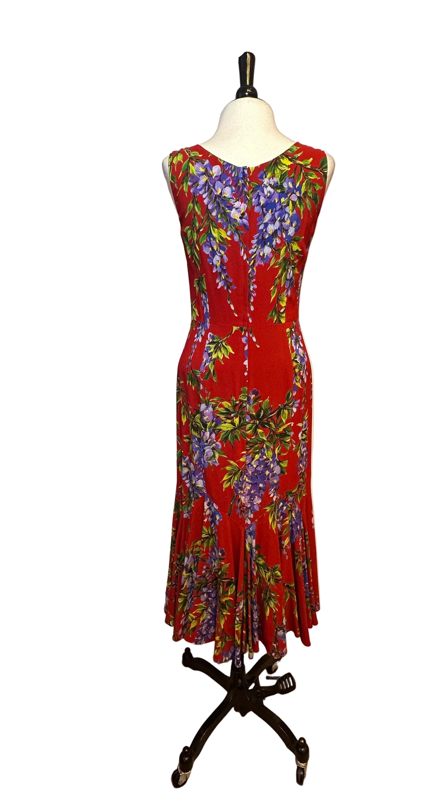 DOLCE & GABBANA - Red Purple Wisteria Print Flounce Midi Dress - 40