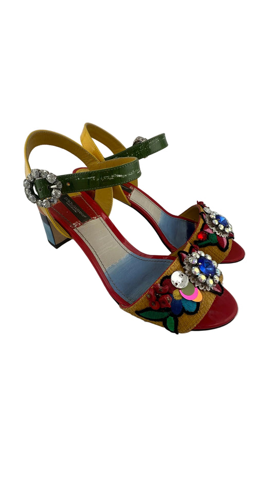 DOLCE & GABBANA - Keira Multicolor Embroidered Crystal Block Sandal - 38