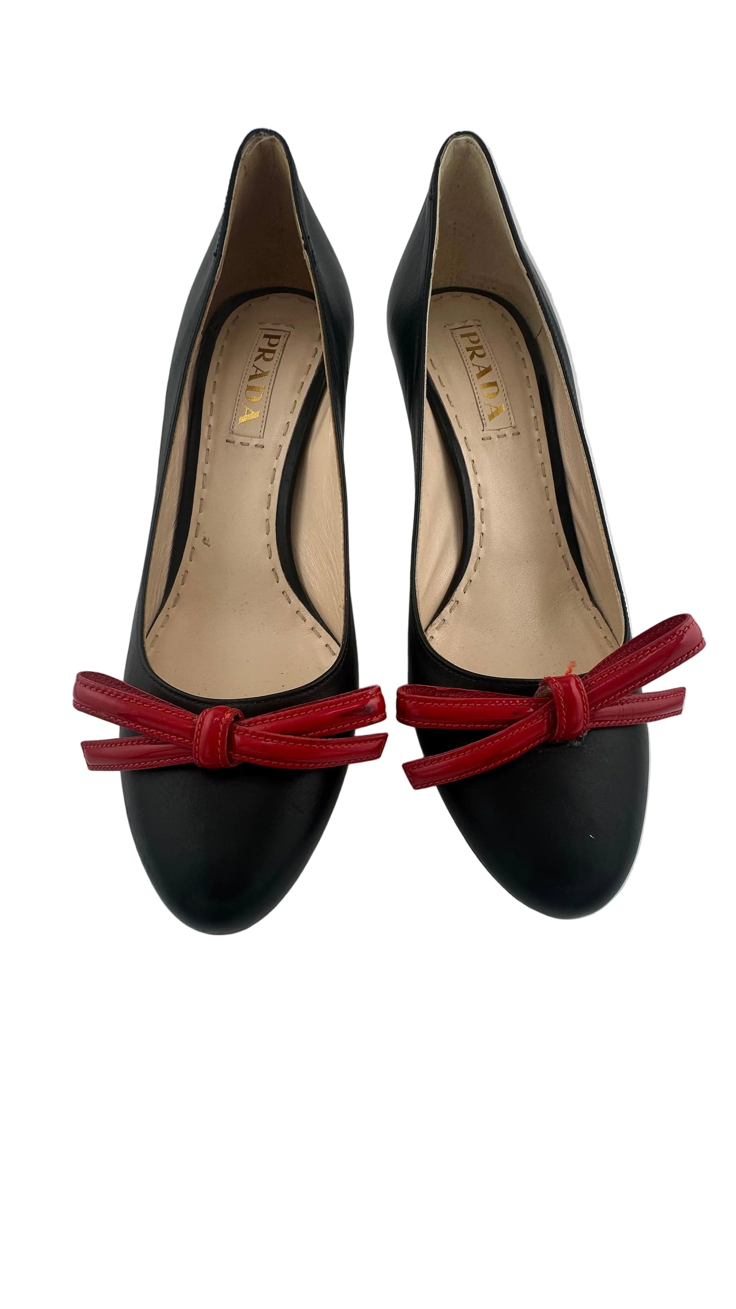 Prada - Black Leather Heels with Red Bow - 39
