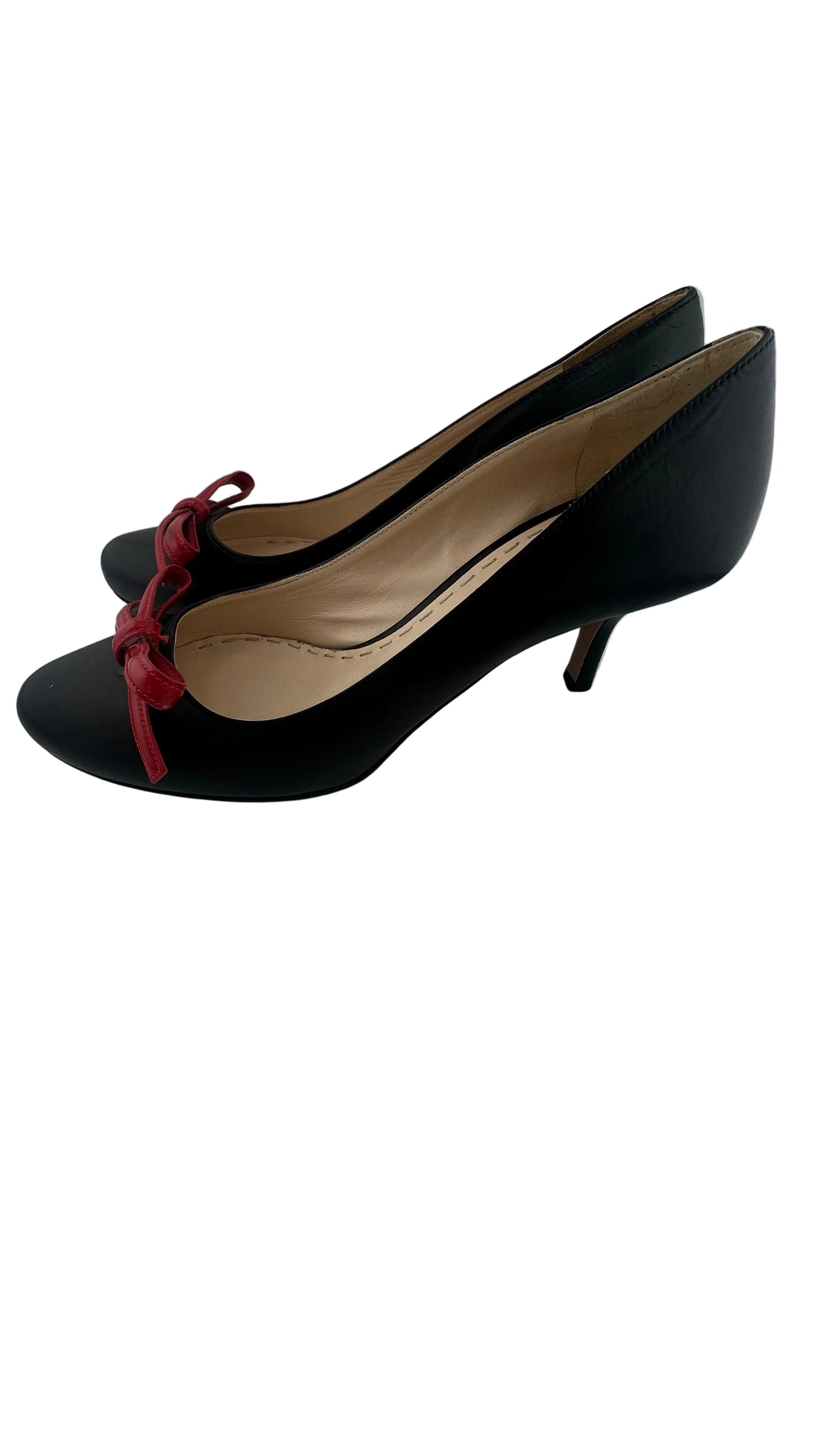 Prada - Black Leather Heels with Red Bow - 39