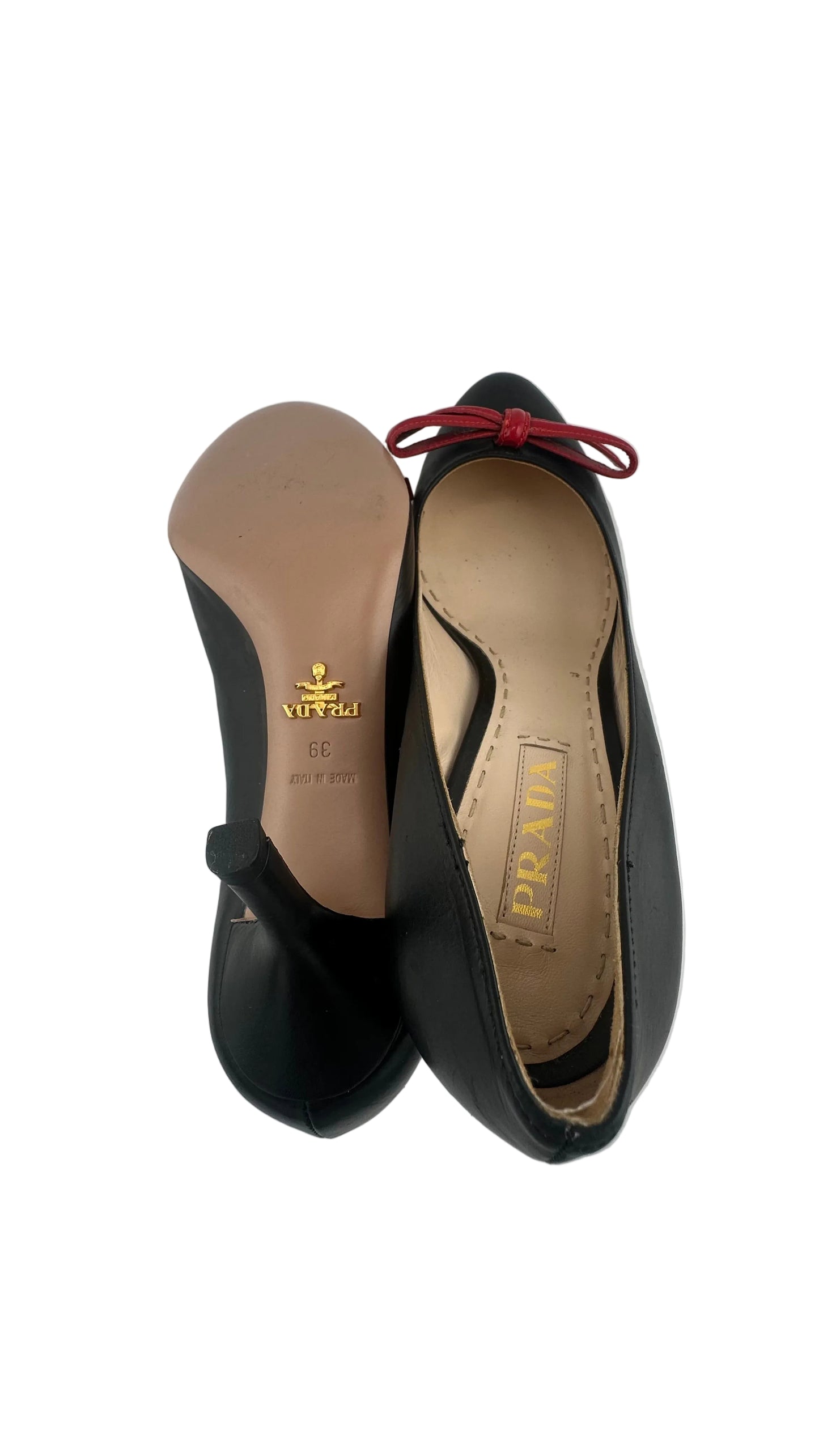 Prada - Black Leather Heels with Red Bow - 39