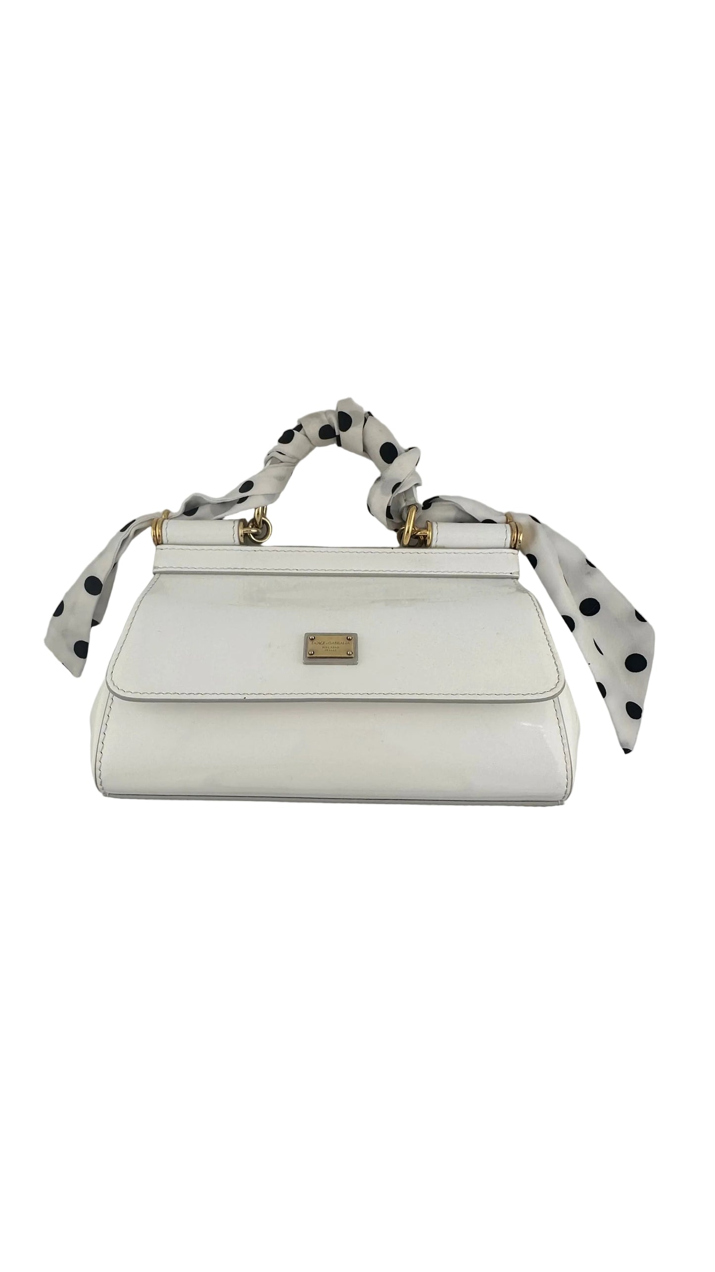 DOLCE & GABBANA - Sicily Mini White Patent Leather Bag with Polka Dot Scarf