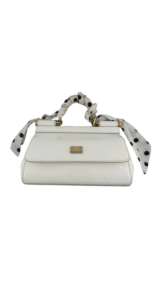 DOLCE & GABBANA - Sicily Mini White Patent Leather Bag with Polka Dot Scarf