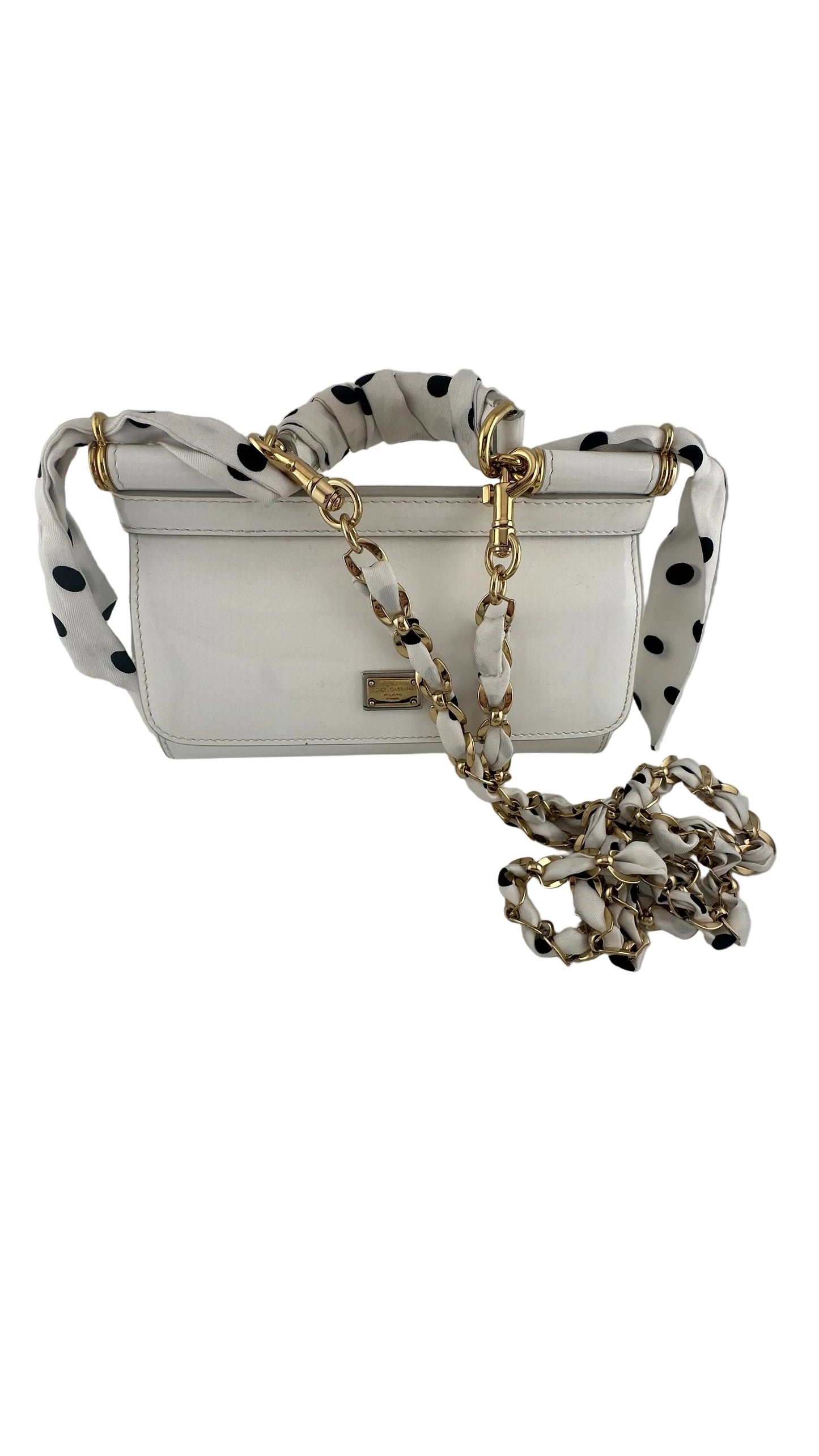 DOLCE & GABBANA - Sicily Mini White Patent Leather Bag with Polka Dot Scarf