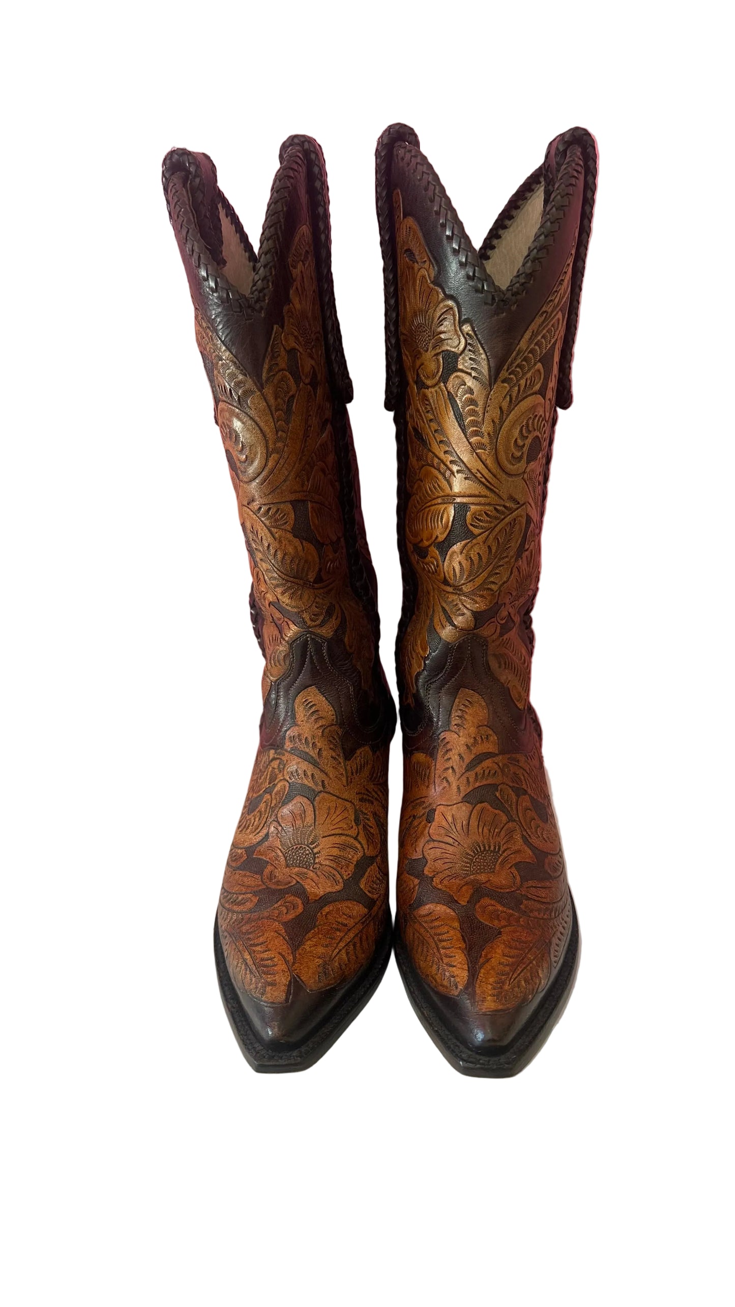 Larry Mahan - RARE VINTAGE Floral Tooled Leather Cowboy Boots - 6.5