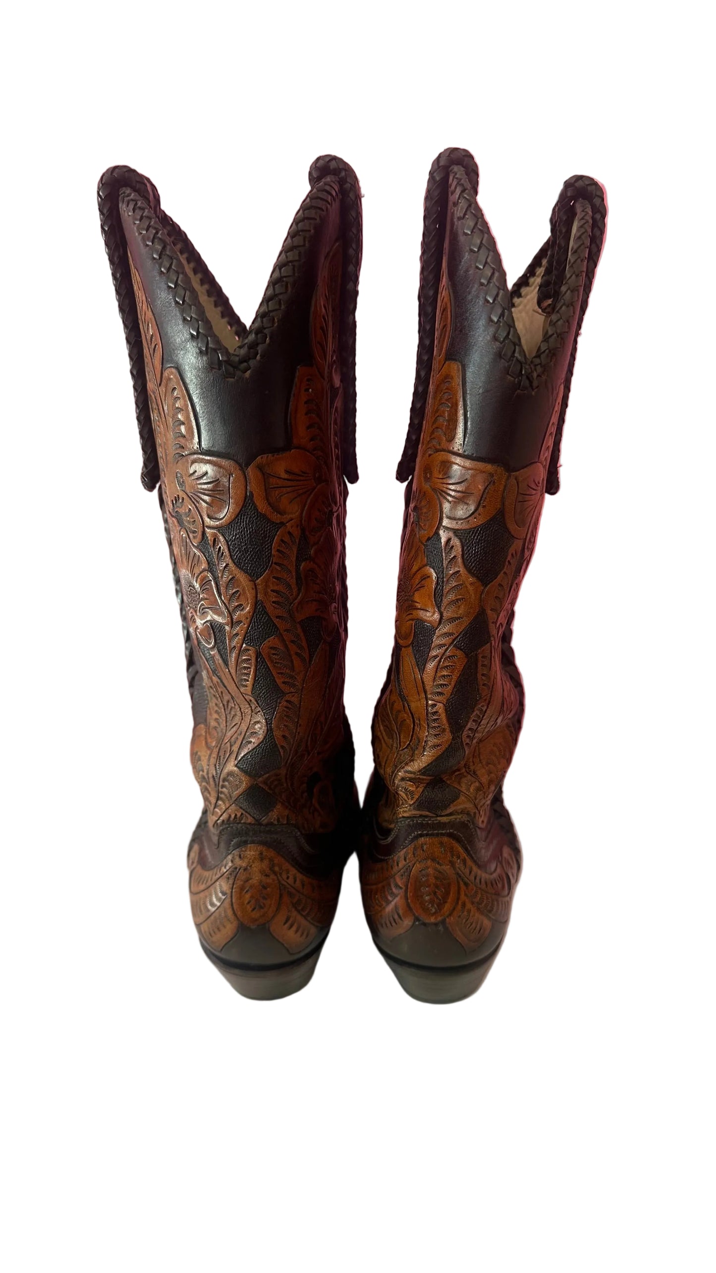 Larry Mahan - RARE VINTAGE Floral Tooled Leather Cowboy Boots - 6.5