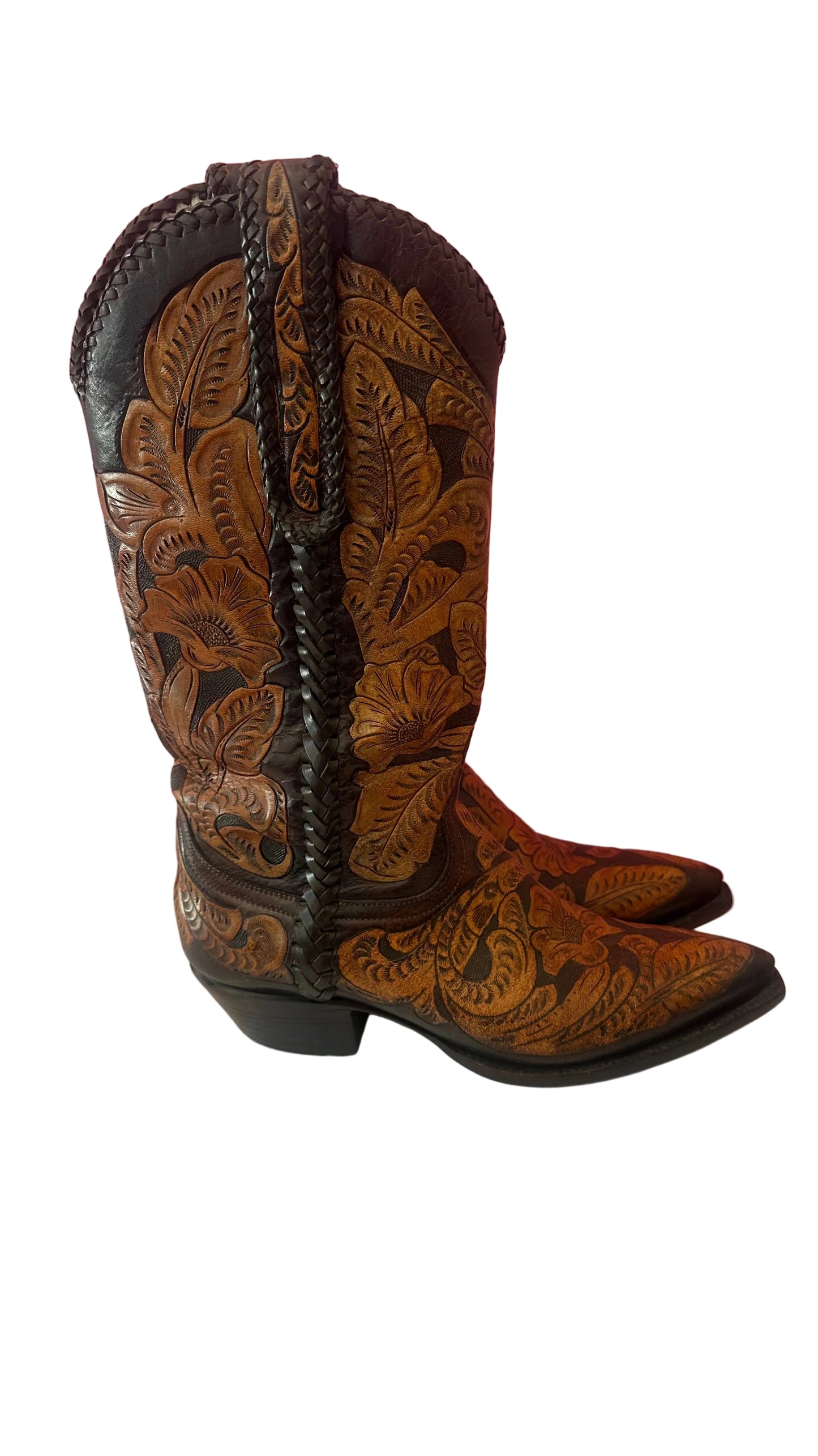 Larry Mahan - RARE VINTAGE Floral Tooled Leather Cowboy Boots - 6.5
