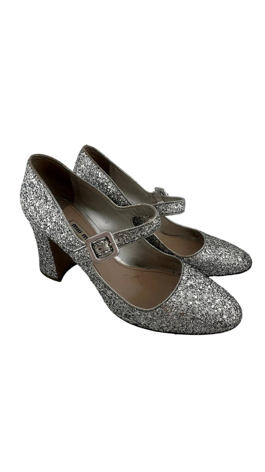 Miu Miu - Silver Glitter Mary Jane Heels - 39