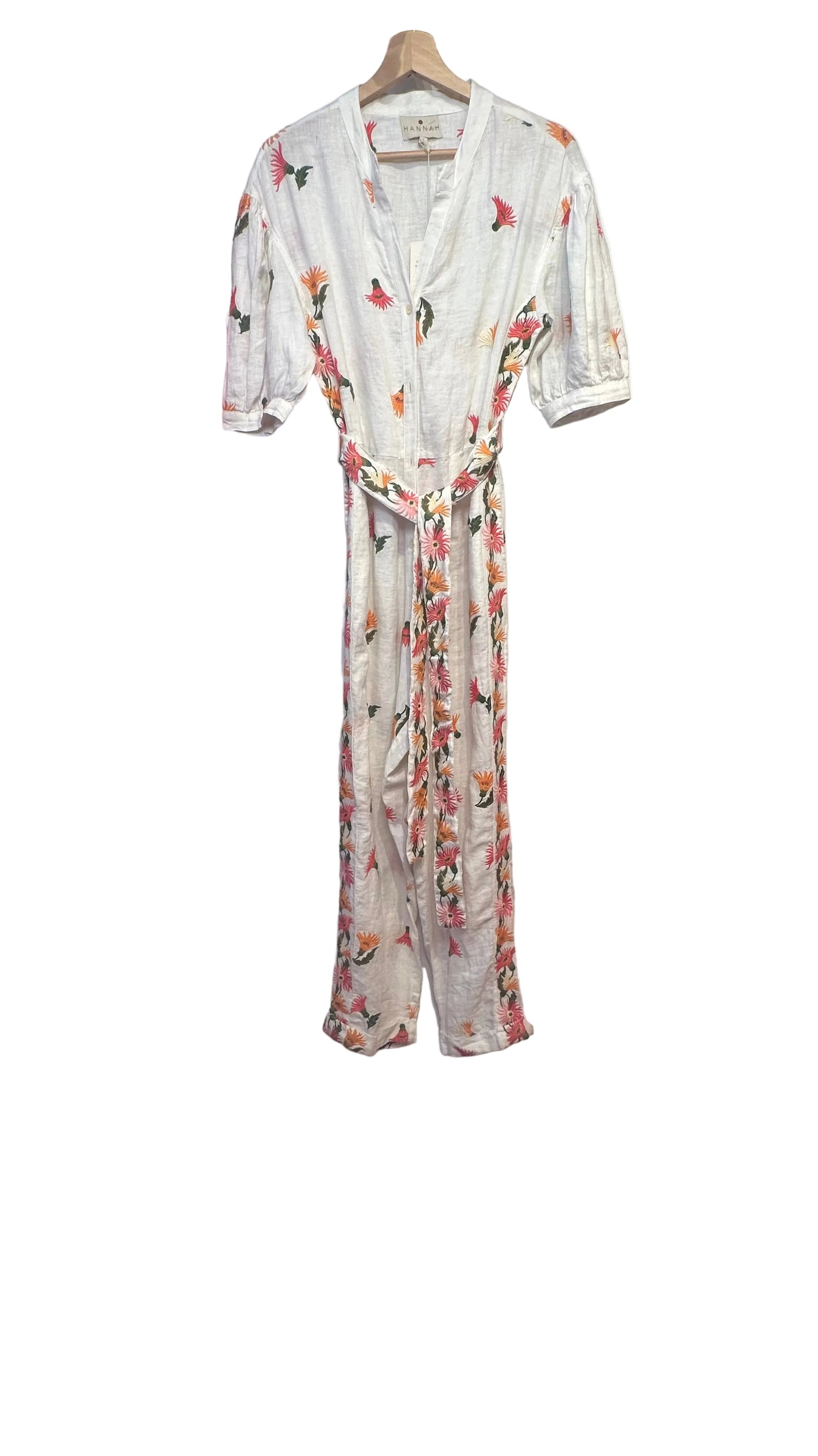 Hannah Artwear - Jaya Floral Embroidered White Linen Jumpsuit - 1