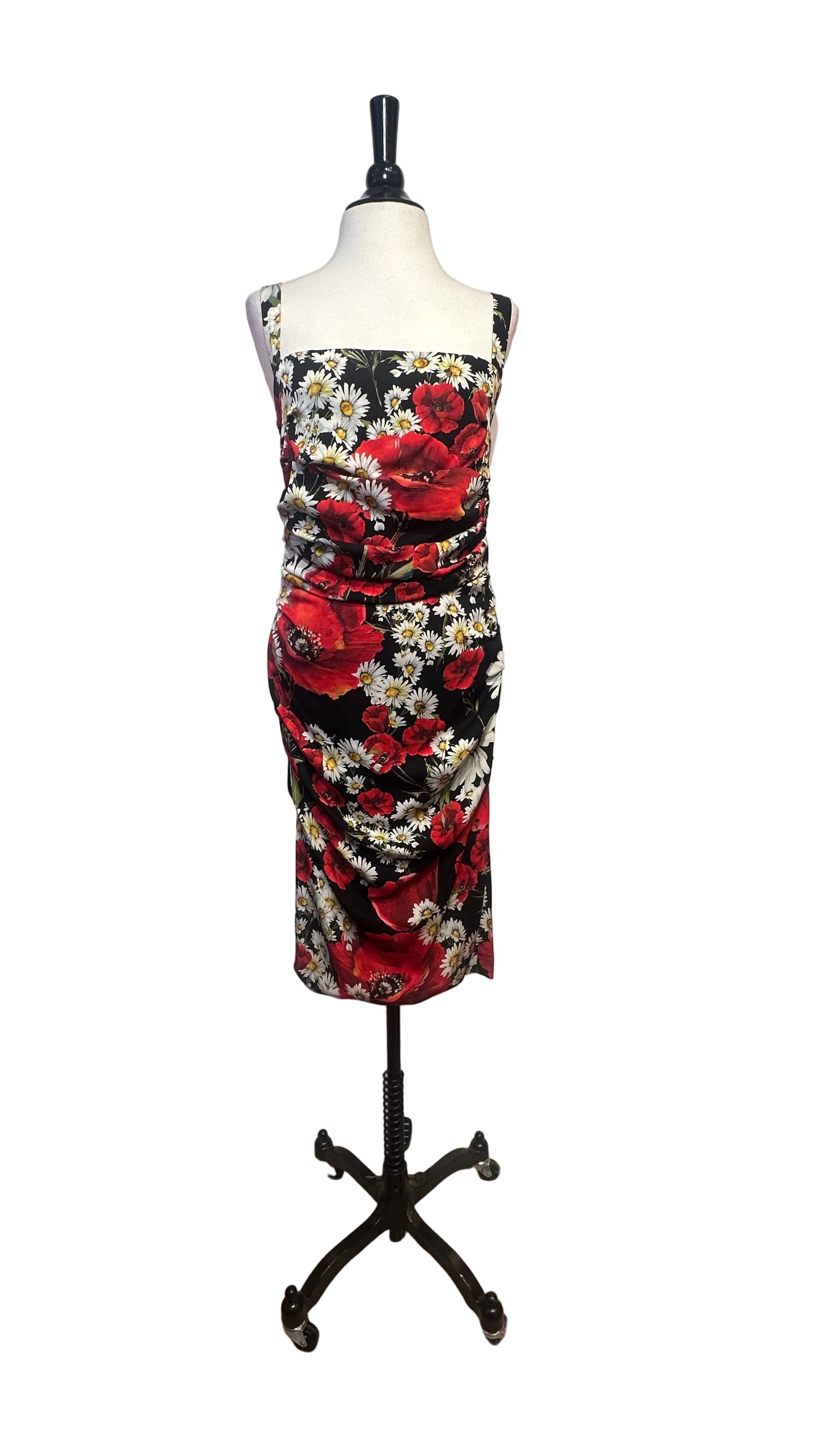 DOLCE & GABBANA - Black Poppy and Daisy Ruched Dress - 44