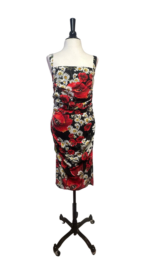 DOLCE & GABBANA - Black Poppy and Daisy Ruched Dress - 44