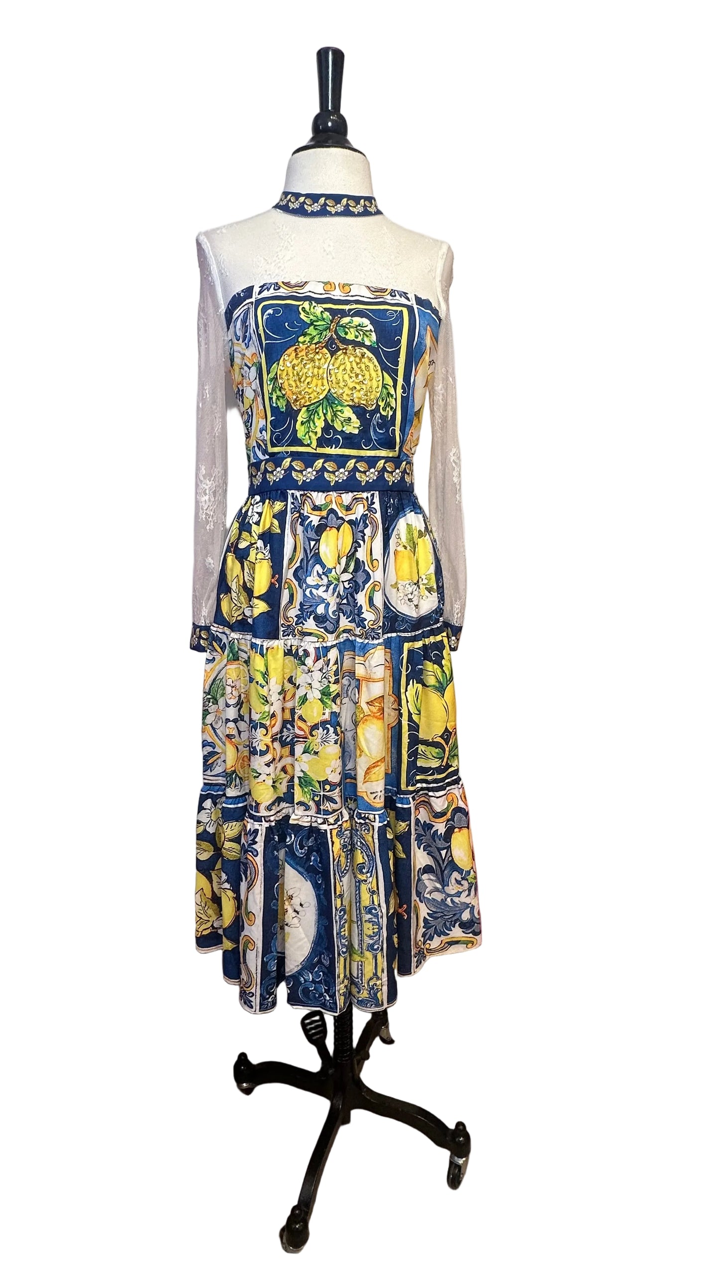 DOLCE & GABBANA COPY - Blue and Yellow Majolica and Lemon Print Dress - 4
