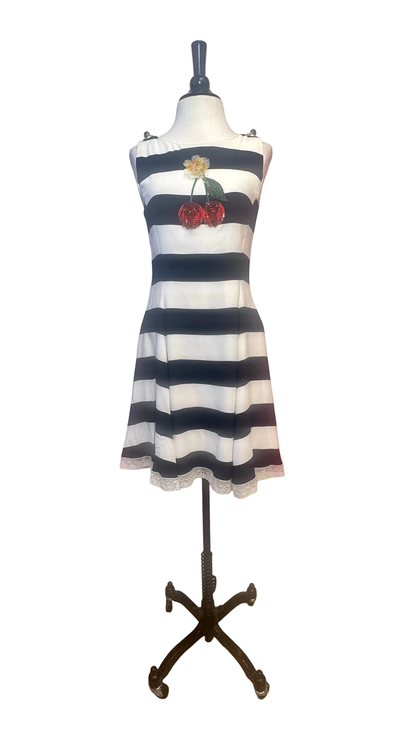 DOLCE & GABBANA - Cherry Embellished Navy Striped Dress - 42