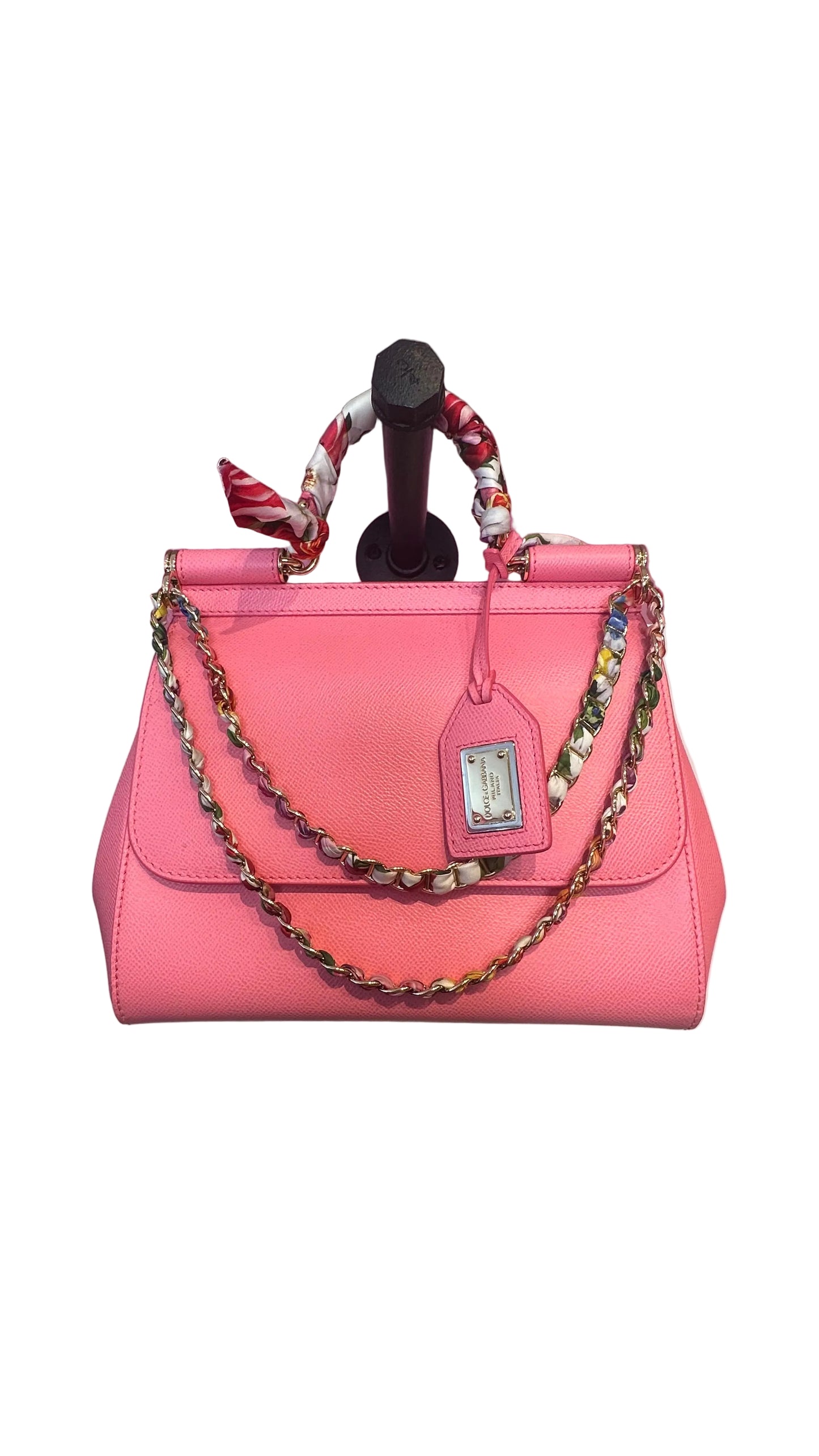DOLCE & GABBANA - Sicily Medium Pink Leather Handbag with Floral Scarf Chain