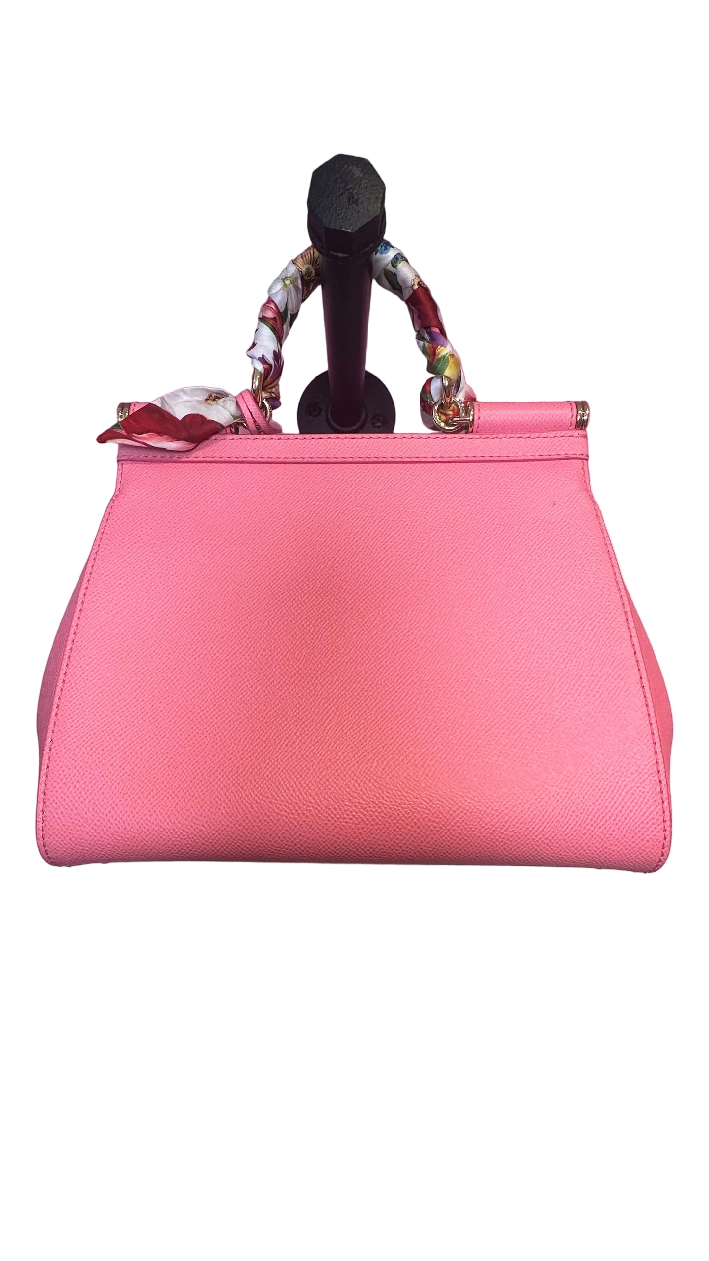 DOLCE & GABBANA - Sicily Medium Pink Leather Handbag with Floral Scarf Chain