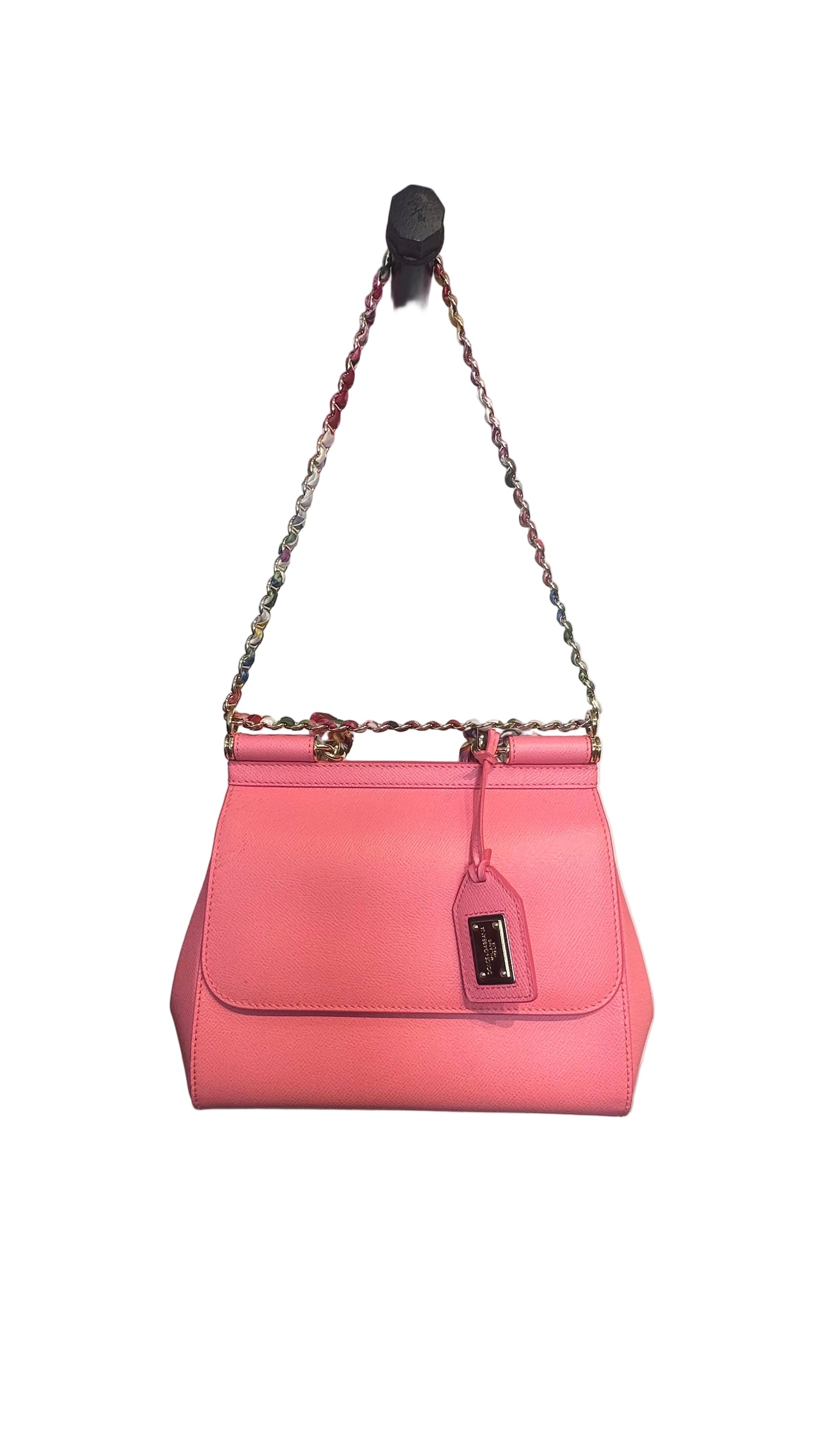 DOLCE & GABBANA - Sicily Medium Pink Leather Handbag with Floral Scarf Chain