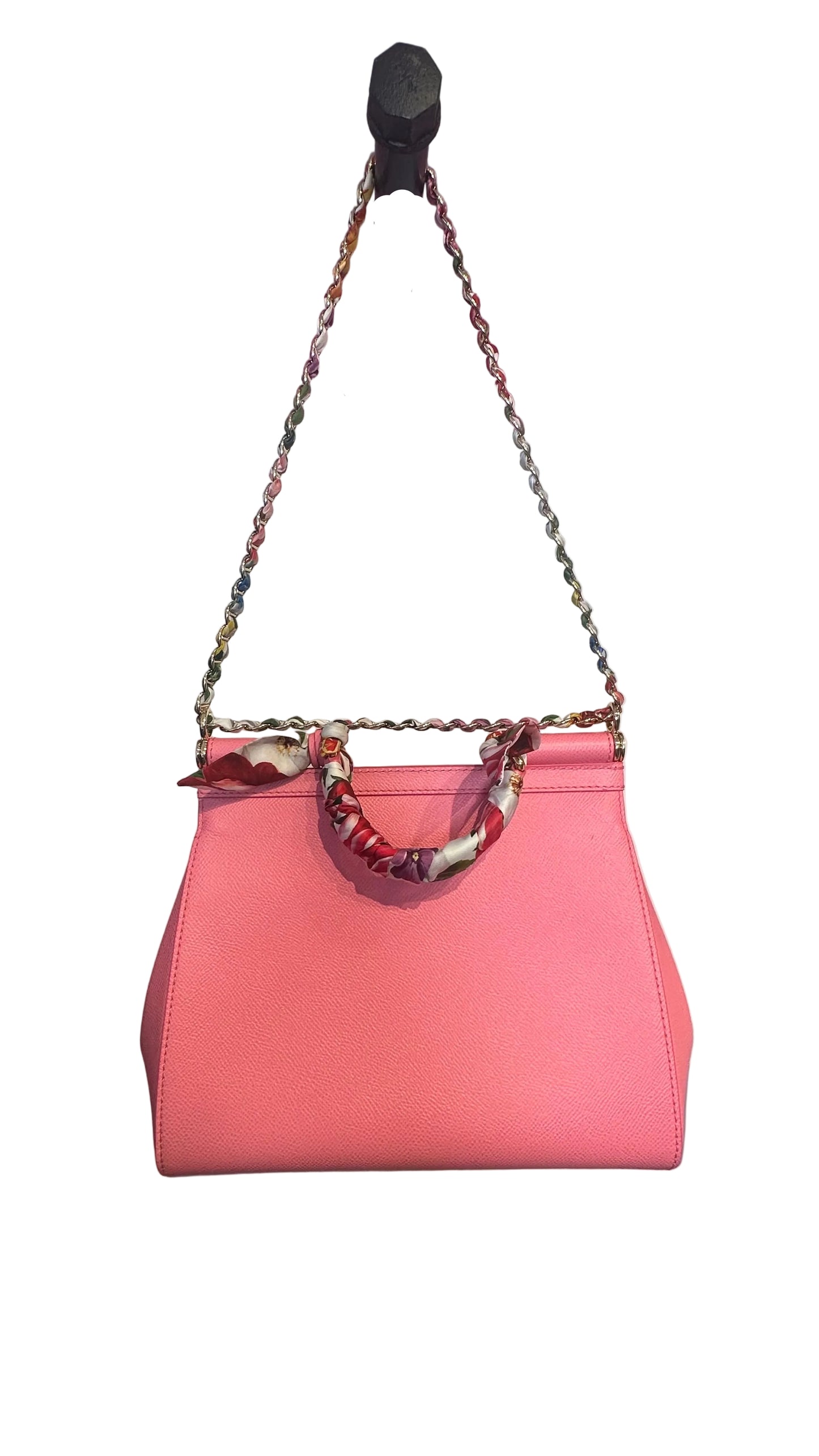 DOLCE & GABBANA - Sicily Medium Pink Leather Handbag with Floral Scarf Chain