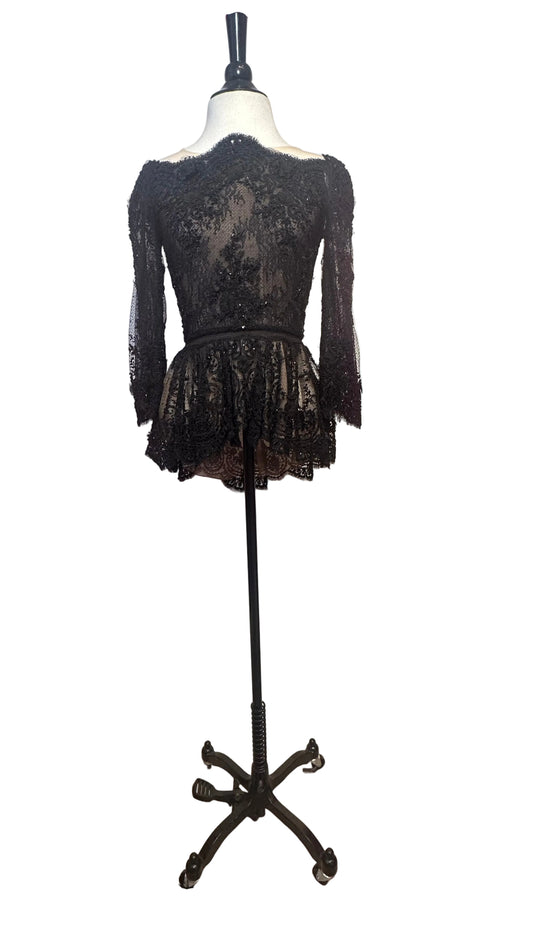 Marchesa - Black Beaded Lace Off-Shoulder Peplum Top - 4